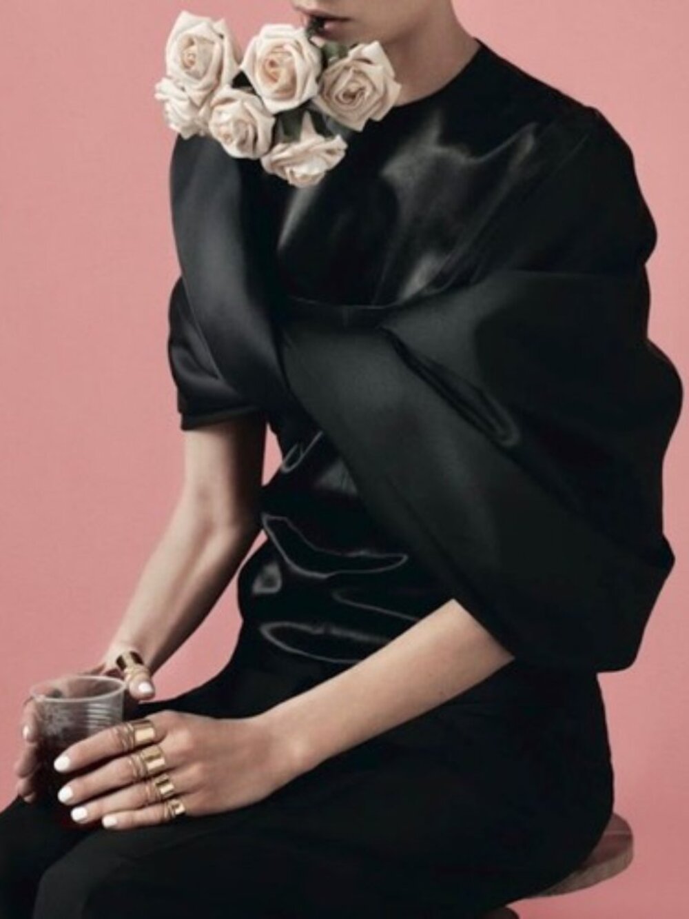 Celine style black architectural twisted drape silk bow long sleeve blouse top S